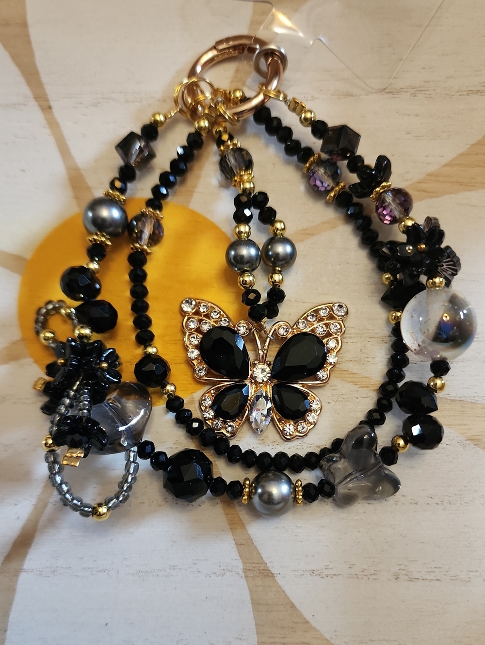 Gold Butterfly Black Beaded Phone Chain - Designer Style